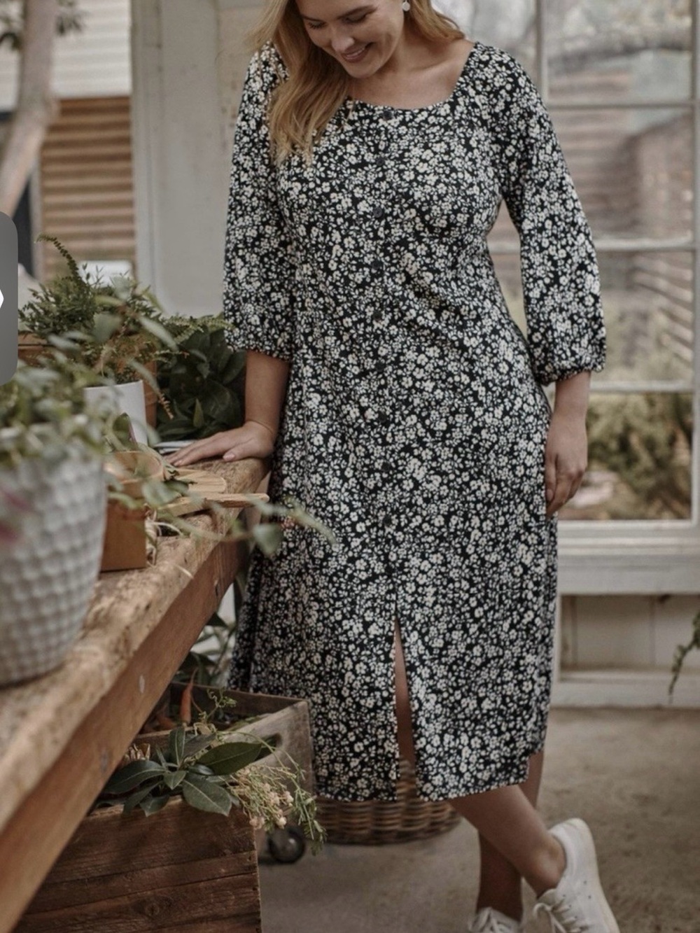 J. Jill Black Floral Button Front Midi Dress Women’s Size Large L Cottagecore
